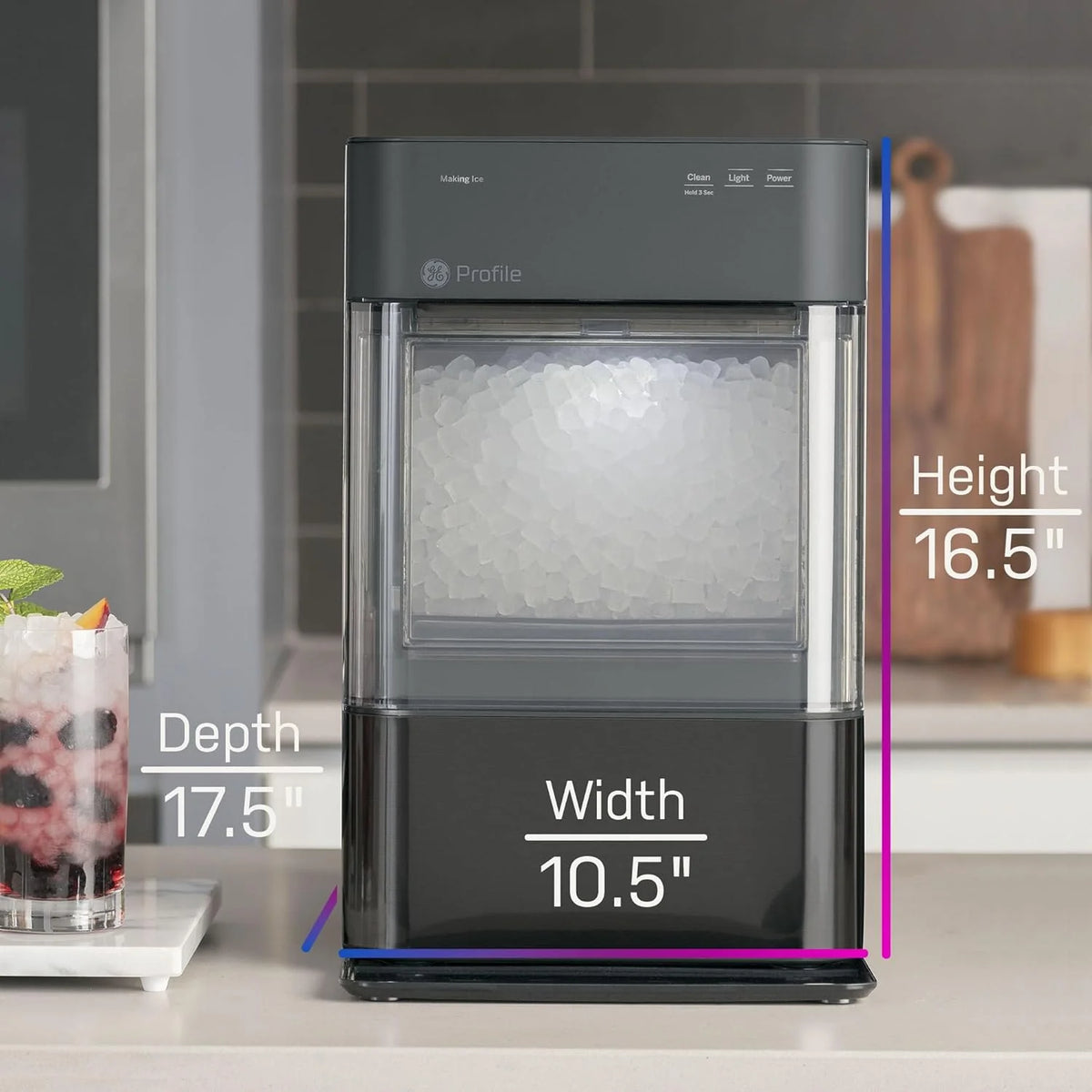 Machine à glaçons GE Profile Opal 2.0 (2025) – Format pépites, trémie de 2,8 litres (0,75 gallon). Acier inoxydable.