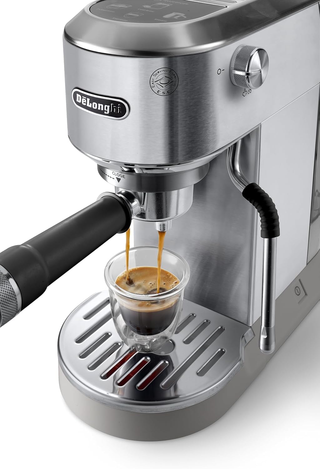 Machine à café De'Longhi Dedica - Acier inoxydable, pompe, pour café moulu ou dosettes, expresso et cappuccino, réservoir de 1,3 litre, système anti-gouttes, modèle EC685.M, couleur métal