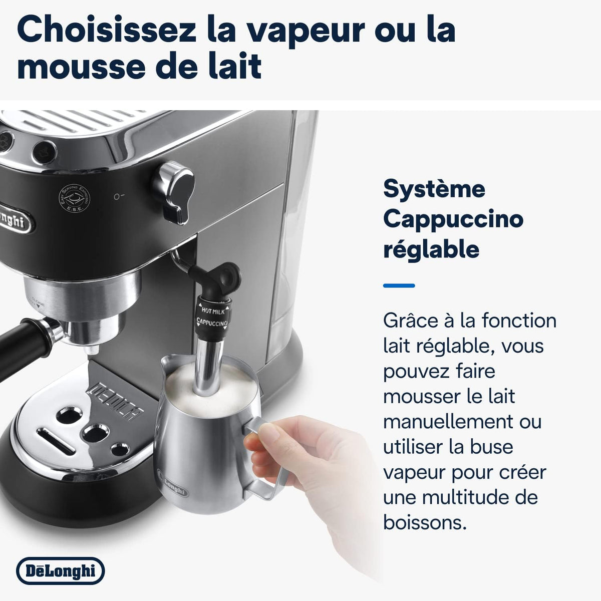 De'Longhi Dedica Style EC685.W, Machine à Café à Pompe en Acier Inoxydable Pour Café Moulu ou Dosettes, Machine à Espresso et Cappuccino, Réservoir de 1,3L, Système Anti-goutte, Blanc