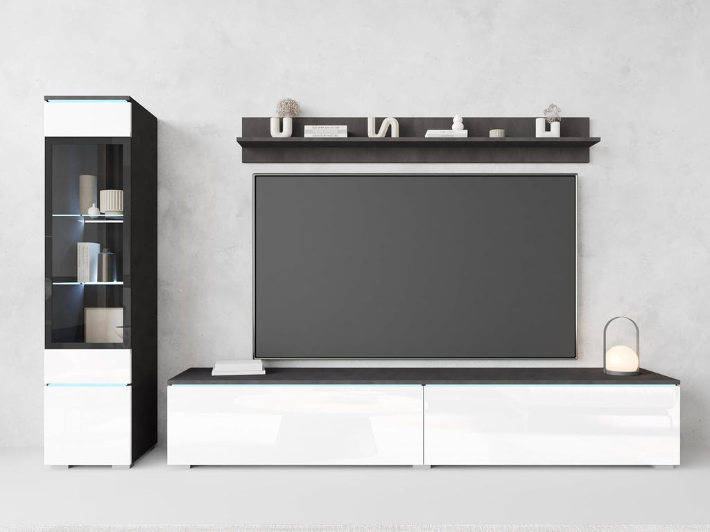 Ensemble de salon Piaski Vera I, éclairage LED en option, couleurs variées (béton/blanc brillant, sans éclairage LED)