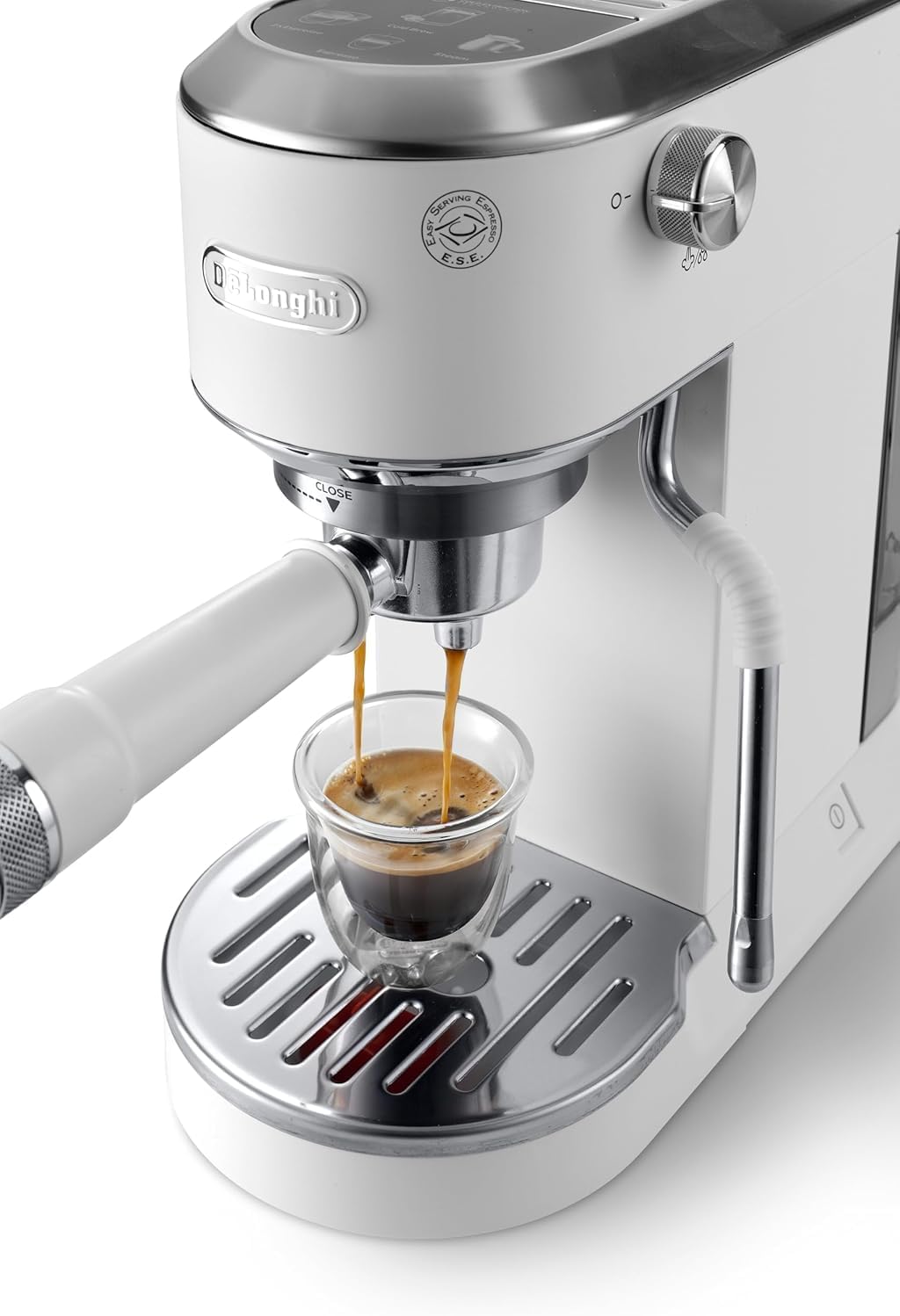 Machine à café De'Longhi Dedica - Acier inoxydable, pompe, pour café moulu ou dosettes, expresso et cappuccino, réservoir de 1,3 litre, système anti-gouttes, modèle EC685.M, couleur métal