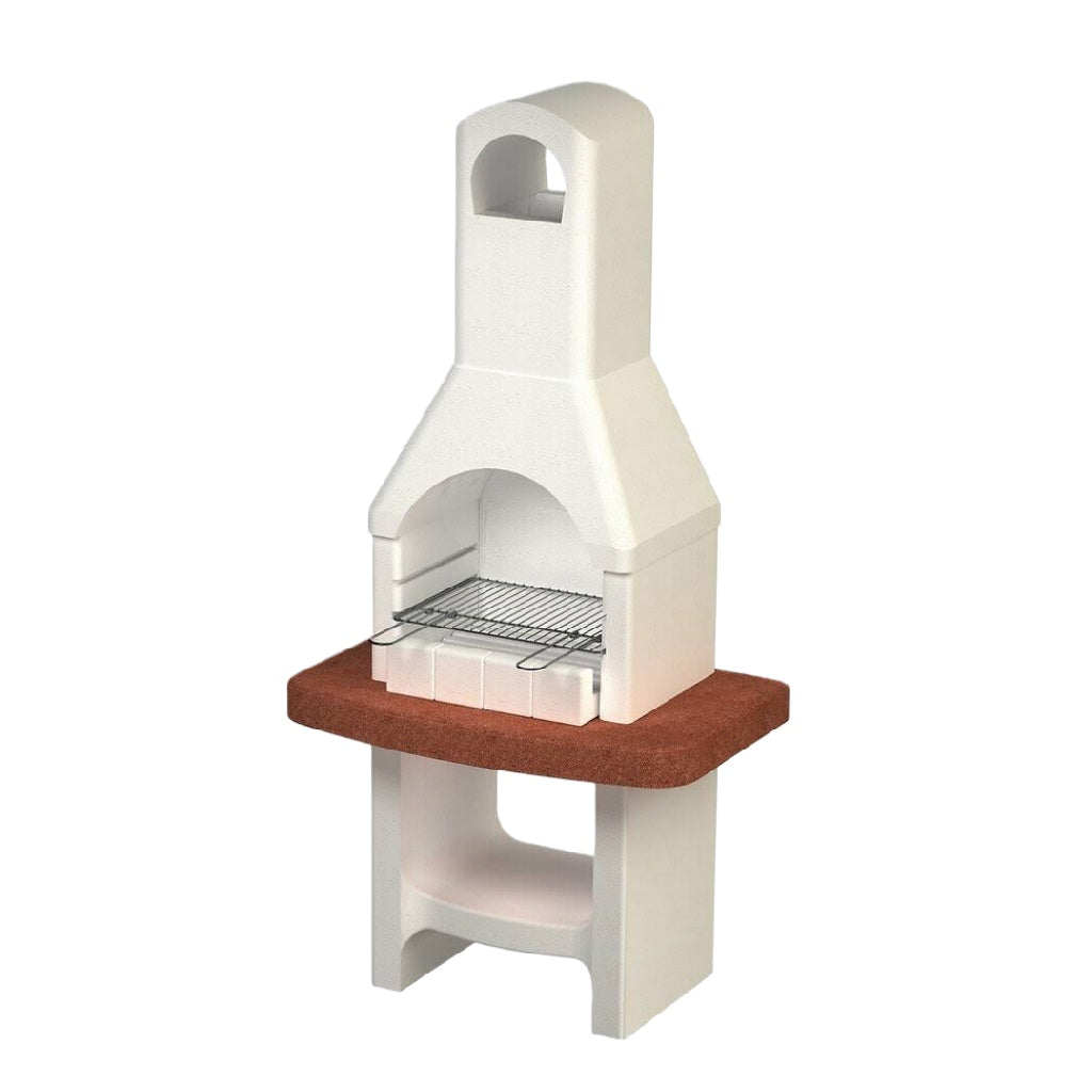 Barbecue fixe en béton blanc et brique rouge – foyer extérieur avec hotte