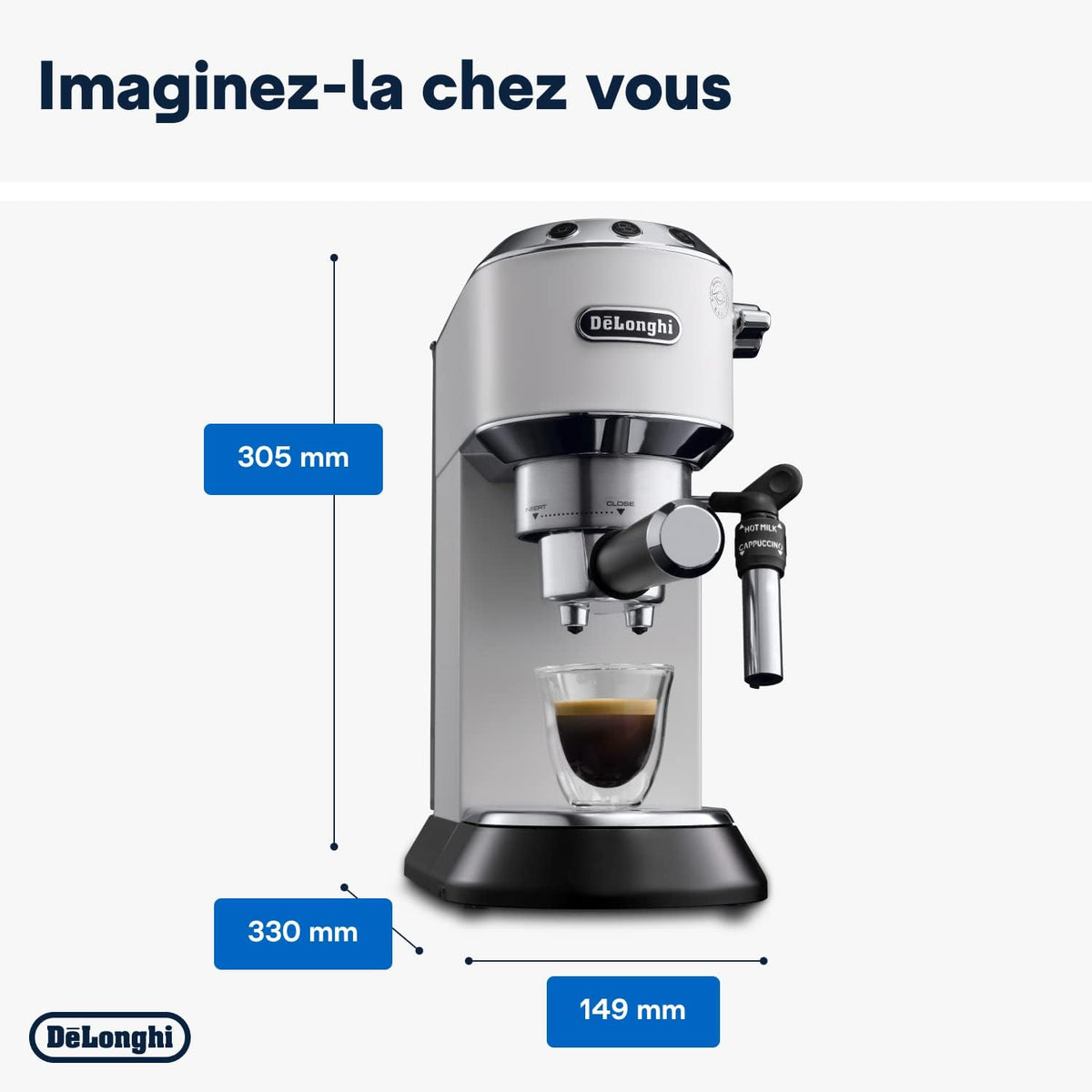 De'Longhi Dedica Style EC685.W, Machine à Café à Pompe en Acier Inoxydable Pour Café Moulu ou Dosettes, Machine à Espresso et Cappuccino, Réservoir de 1,3L, Système Anti-goutte, Blanc