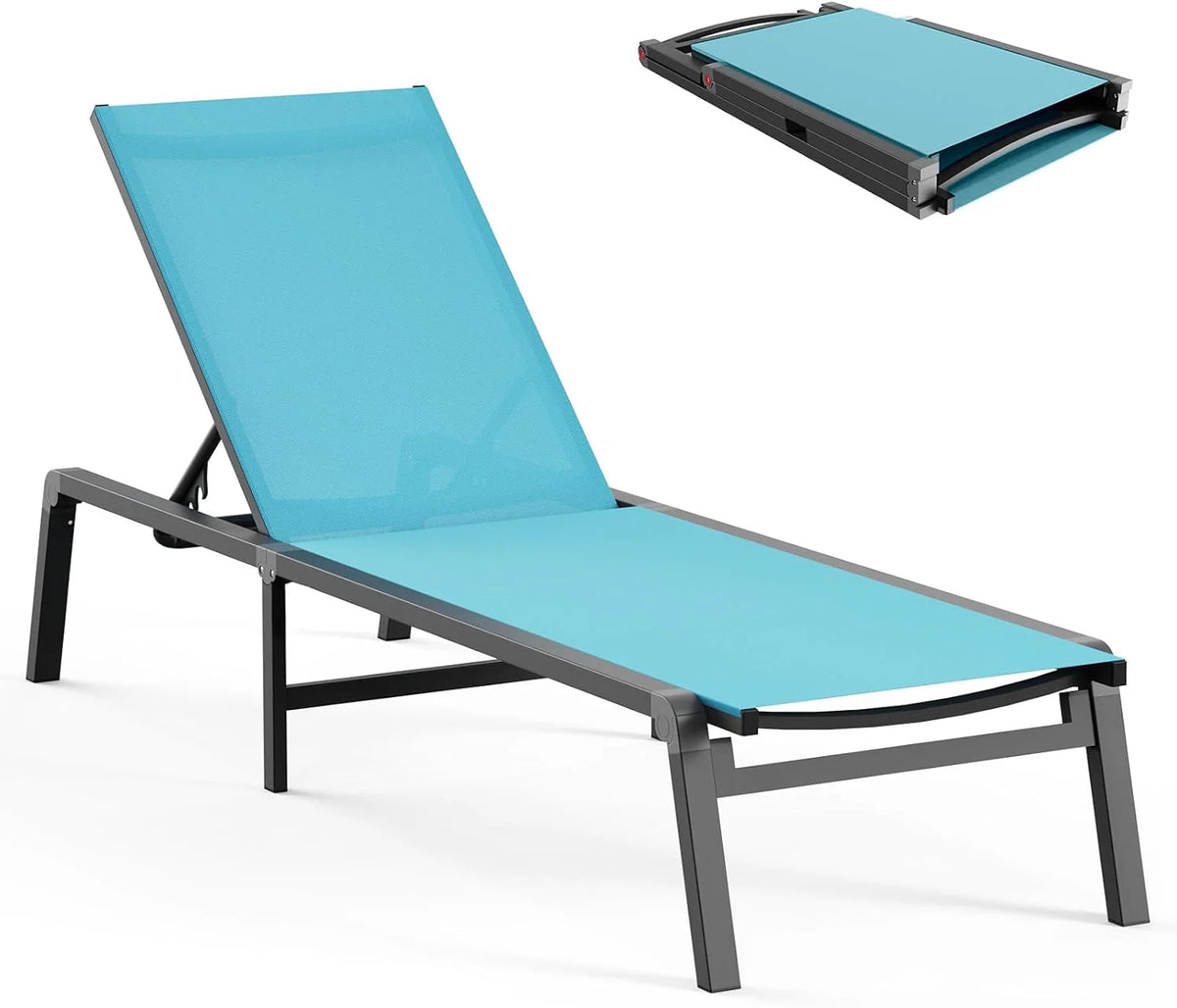 Chaise longue de jardin pliante en aluminium, sans montage, avec dossier réglable 5 positions, idéale pour terrasse, piscine et plage – Noir