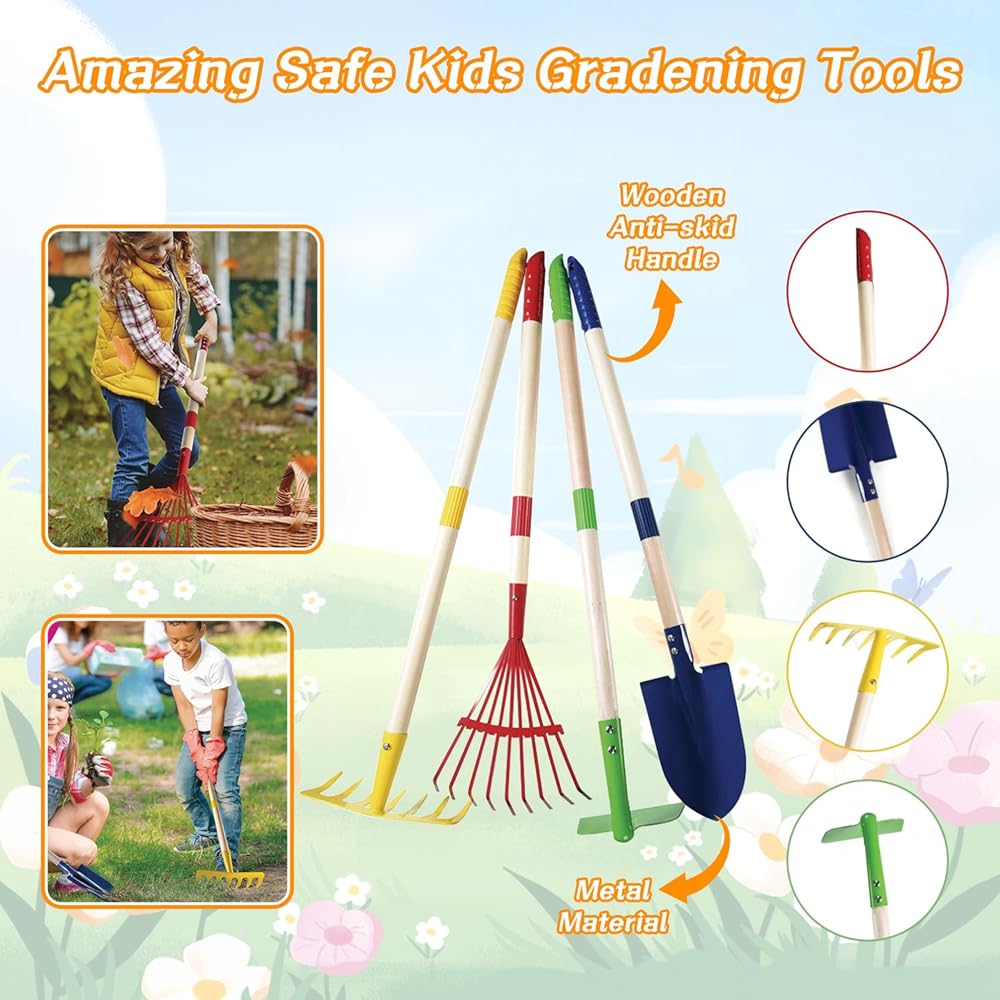 Mostop Kit d'outils de jardinage pour enfants - Jouet avec brouette, pelle en métal, râteau, râteau, chariot de jardin extérieur, cadeau d'anniversaire pour garçons et filles de 4 à 8 ans : Jeux et Jouets
