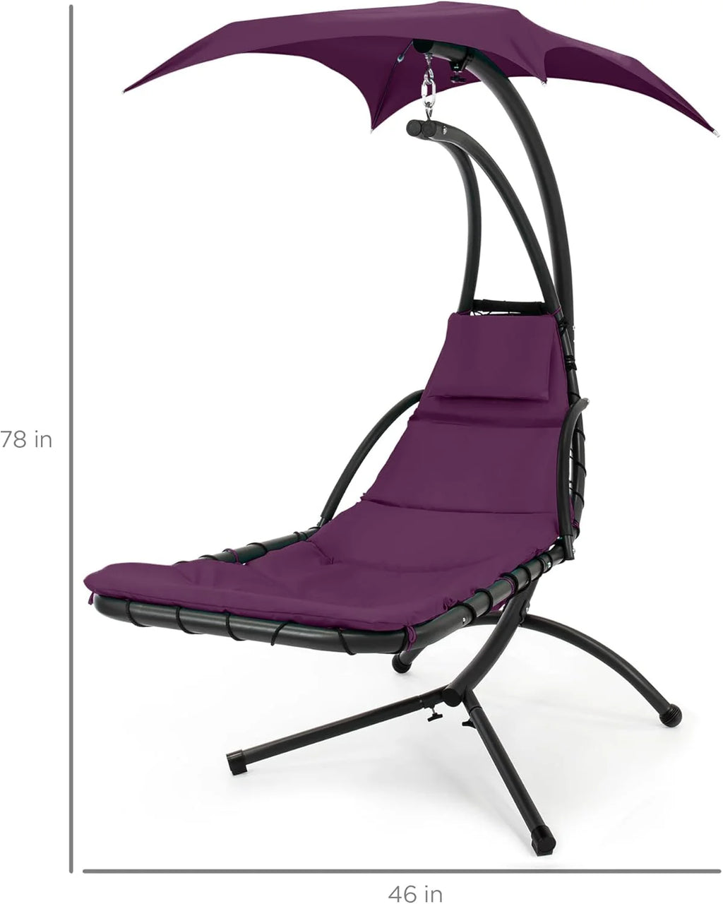 Chaise longue suspendue d'extérieur Best Choice Products – Fauteuil à bascule incurvé en acier avec coussin intégré et auvent amovible – Gris anthracite