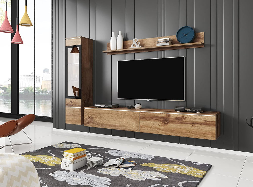 Ensemble de salon Piaski Vera I, éclairage LED en option, couleurs variées (béton/blanc brillant, sans éclairage LED)