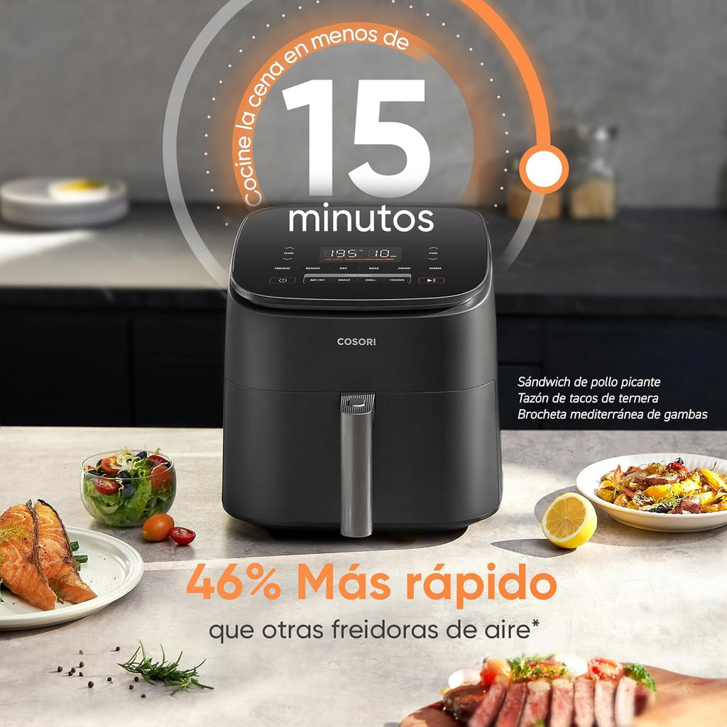 Friteuse à air Cosori Turbo Blaze 6 L, intérieur en métal véritable, moteur CC exclusif, 46 % plus rapide, température de 30 °C à 230 °C, idéale pour griller les viandes, programmes de cuisson complets, silencieux 27 dB