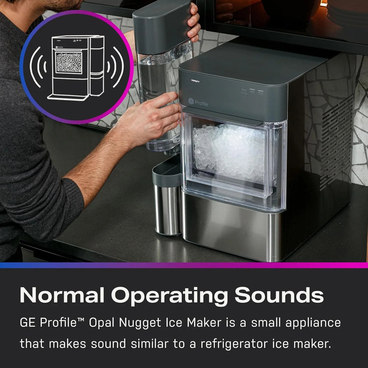 Machine à glaçons GE Profile Opal 2.0 (2025) – Format pépites, trémie de 2,8 litres (0,75 gallon). Acier inoxydable.