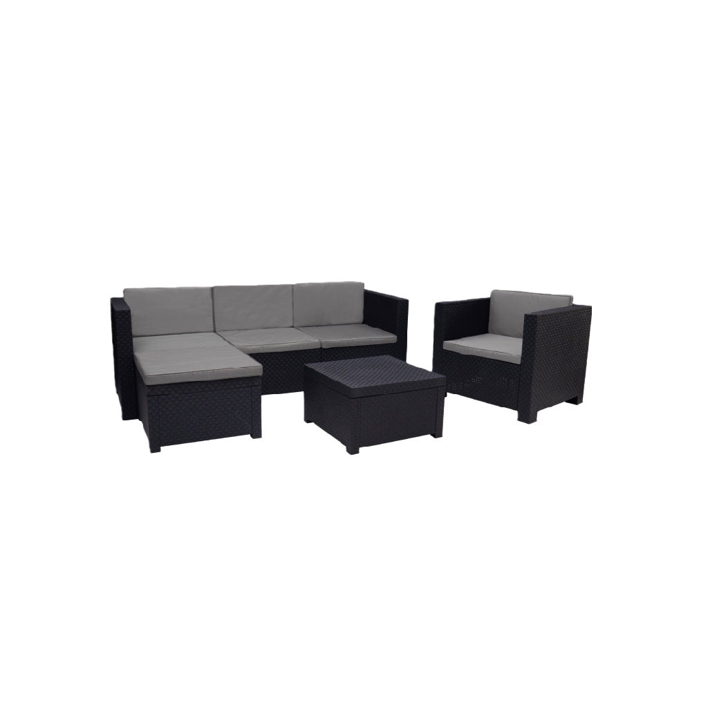 Salon de jardin modulable en résine tressée – angle + fauteuil + table basse – coussins gris
