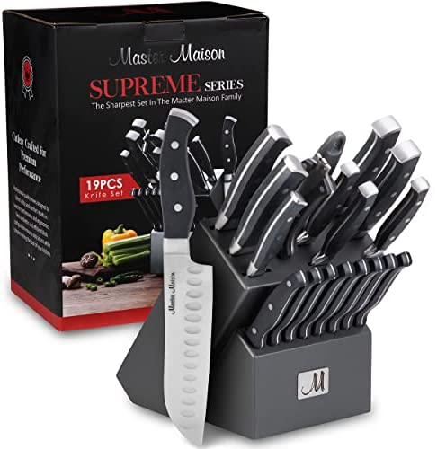 Coffret de couteaux de cuisine haut de gamme 19 pièces avec bloc en bois | Ménagère Master Maison en acier inoxydable allemand avec aiguiseur et 8 couteaux à steak