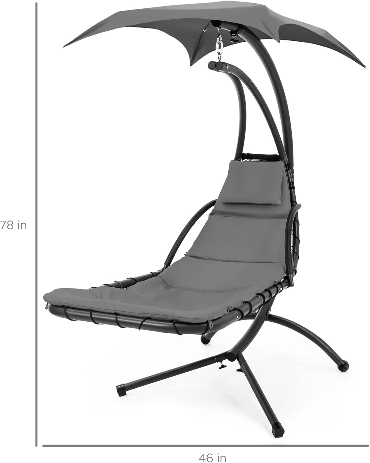 Chaise longue suspendue d'extérieur Best Choice Products – Fauteuil à bascule incurvé en acier avec coussin intégré et auvent amovible – Gris anthracite