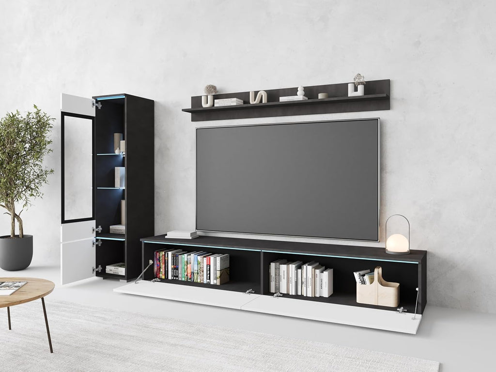 Ensemble de salon Piaski Vera I, éclairage LED en option, couleurs variées (béton/blanc brillant, sans éclairage LED)
