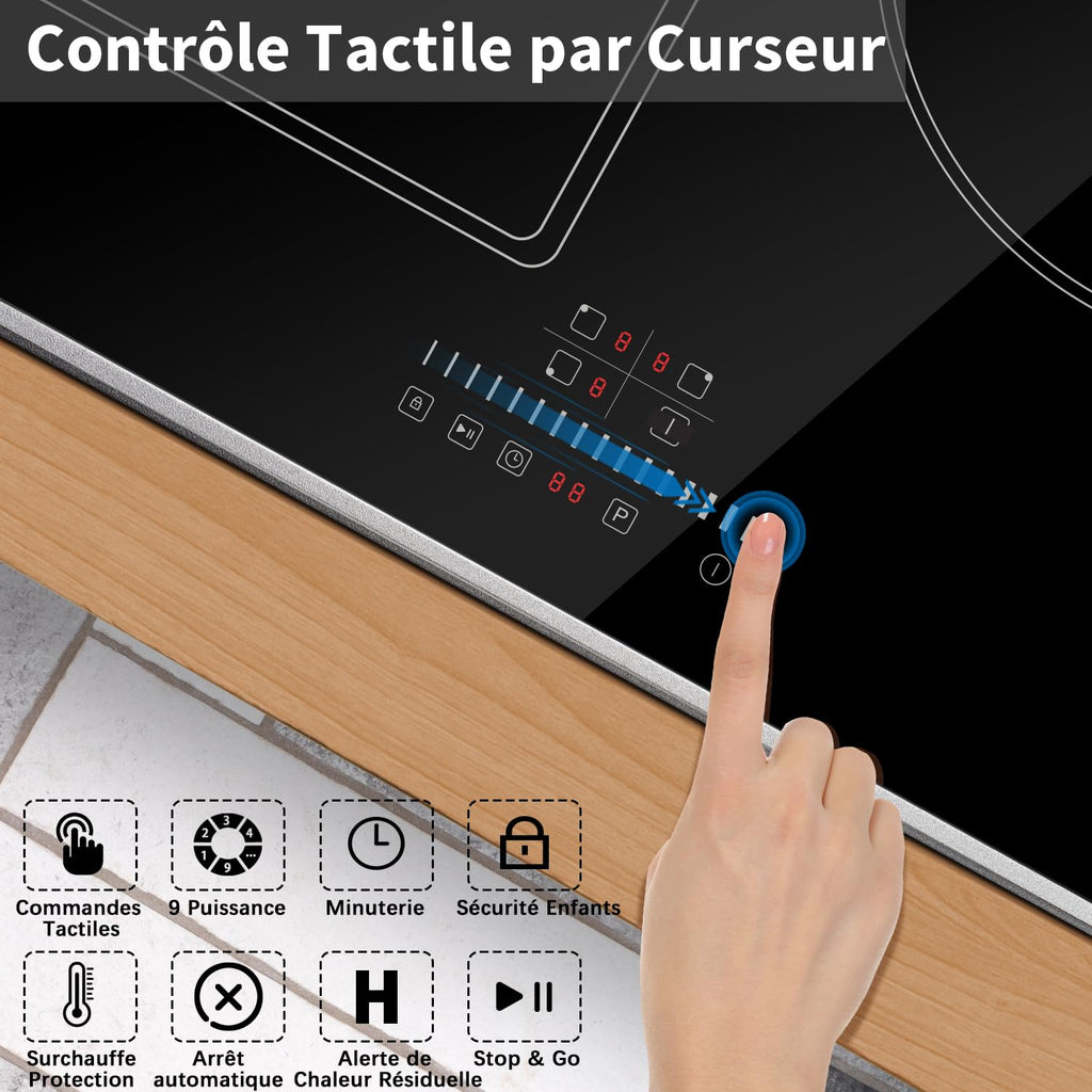 Cooksir Plaque Induction 3 Feux avec Cadre, Table de Cuisson Induction 60cm Encastrable, 6800W, Commande Tactile à Curseur, Bord Inox, Zone Flexibles
