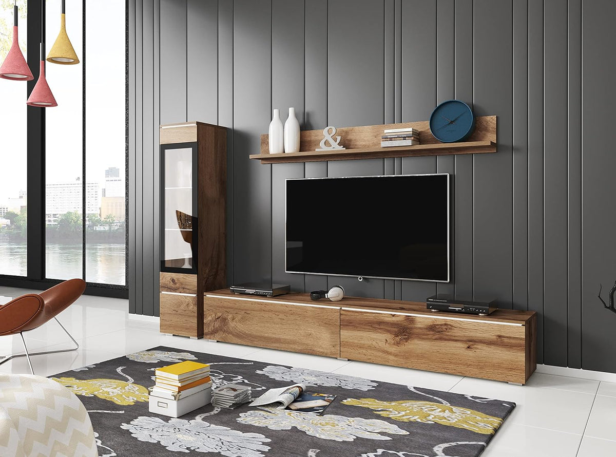 Ensemble de salon Piaski Vera I, éclairage LED en option, couleurs variées (béton/blanc brillant, sans éclairage LED)