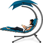 Chaise longue suspendue d'extérieur Best Choice Products – Fauteuil à bascule incurvé en acier avec coussin intégré et auvent amovible – Gris anthracite