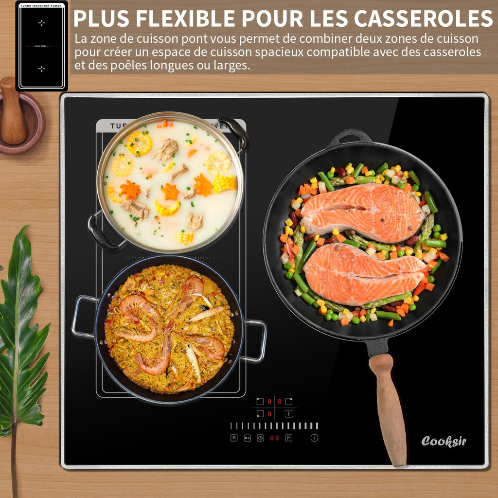 Cooksir Plaque Induction 3 Feux avec Cadre, Table de Cuisson Induction 60cm Encastrable, 6800W, Commande Tactile à Curseur, Bord Inox, Zone Flexibles