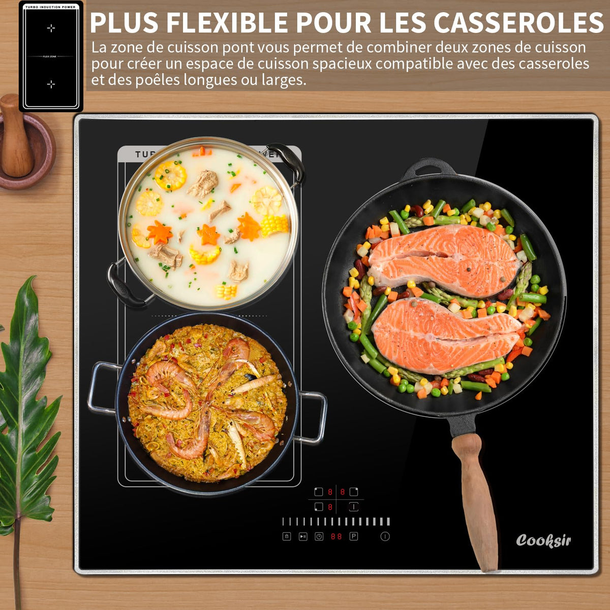 Cooksir Plaque Induction 3 Feux avec Cadre, Table de Cuisson Induction 60cm Encastrable, 6800W, Commande Tactile à Curseur, Bord Inox, Zone Flexibles