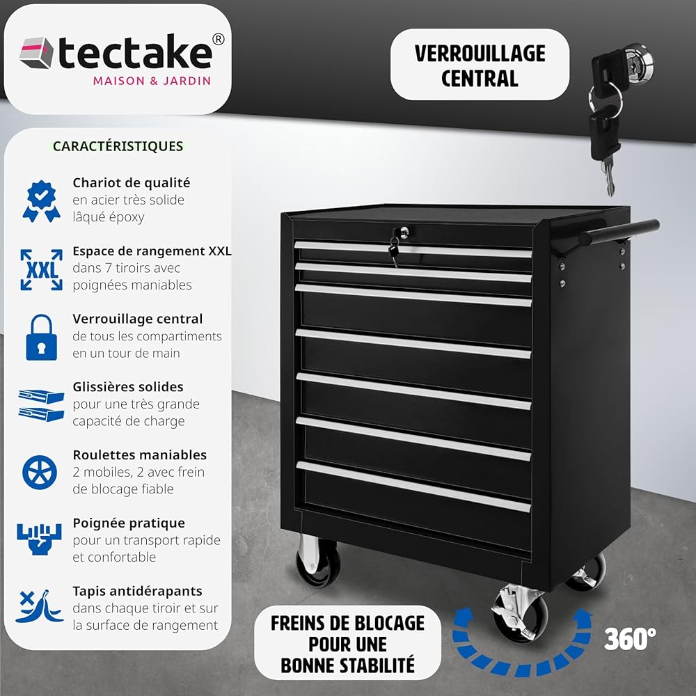 TecTake® Chariot d'atelier Metallique Servante d'atelier Vide Trolley Professionnel 7 Tiroirs spacieux Verrouillables Chariot a Roulette pour Rangement Atelier Garage - Noir : Commerce, Industrie et Science