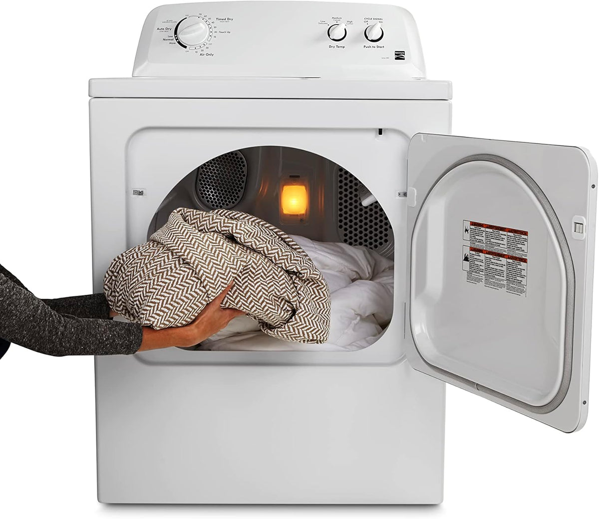 Sèche-linge électrique Kenmore à chargement frontal de 74 cm (29 po) avec protection anti-froissage et capacité totale de 198 litres (7 pi³), blanc