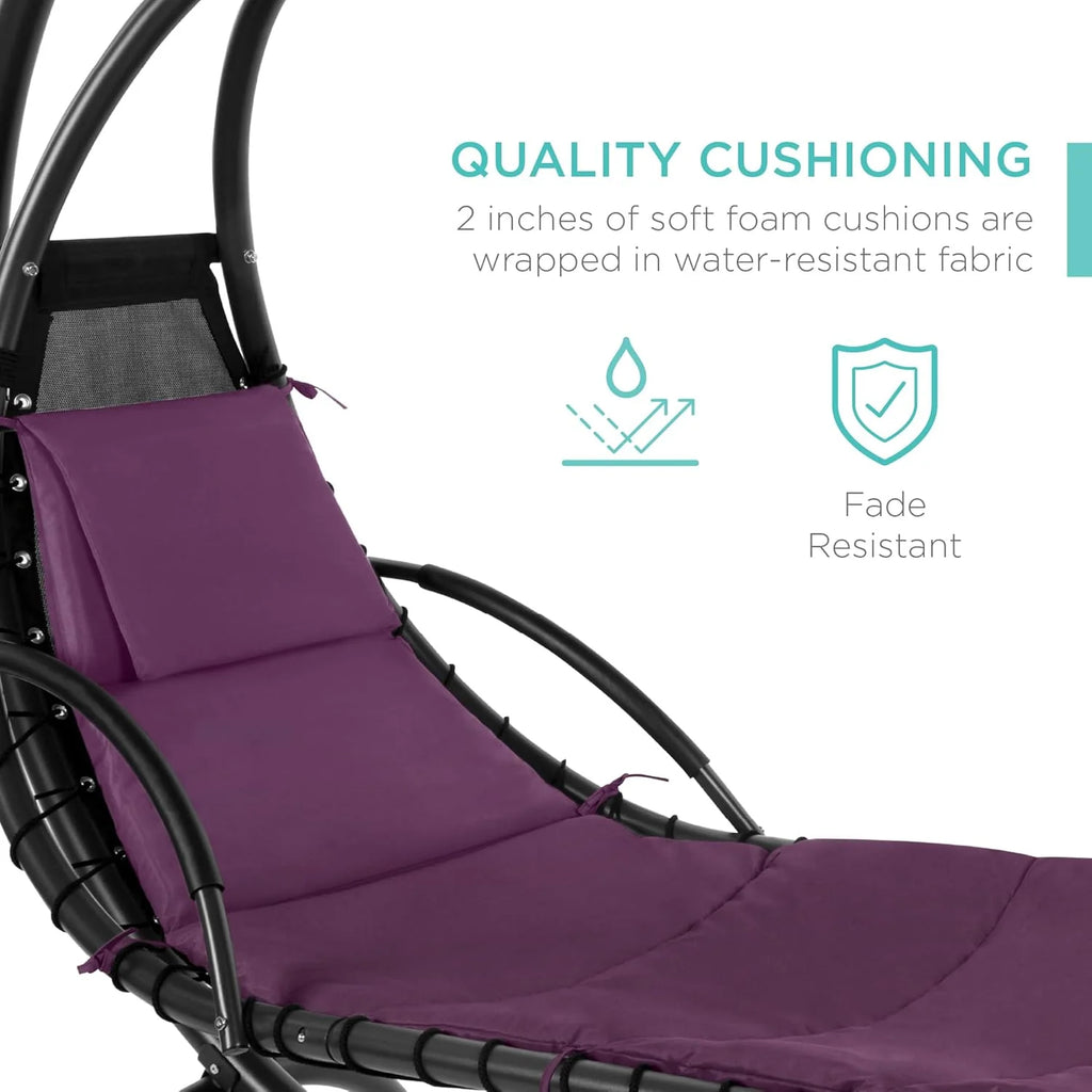 Chaise longue suspendue d'extérieur Best Choice Products – Fauteuil à bascule incurvé en acier avec coussin intégré et auvent amovible – Gris anthracite