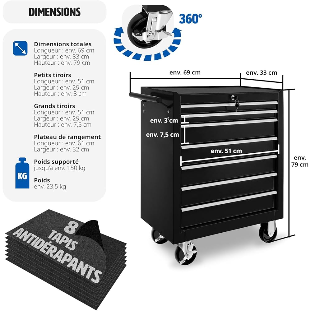 TecTake® Chariot d'atelier Metallique Servante d'atelier Vide Trolley Professionnel 7 Tiroirs spacieux Verrouillables Chariot a Roulette pour Rangement Atelier Garage - Noir : Commerce, Industrie et Science