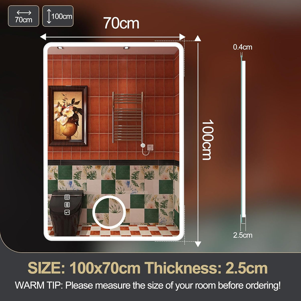Miroir de salle de bain S'bagno avec éclairage 1200 x 700 mm, IP44, LED, Bluetooth, antibuée, 3 couleurs de lumière (3 000 K, 4 000 K, 6 500 K), intensité variable, mémoire, vertical ou horizontal. Miroirs de salle de bain avec LED.