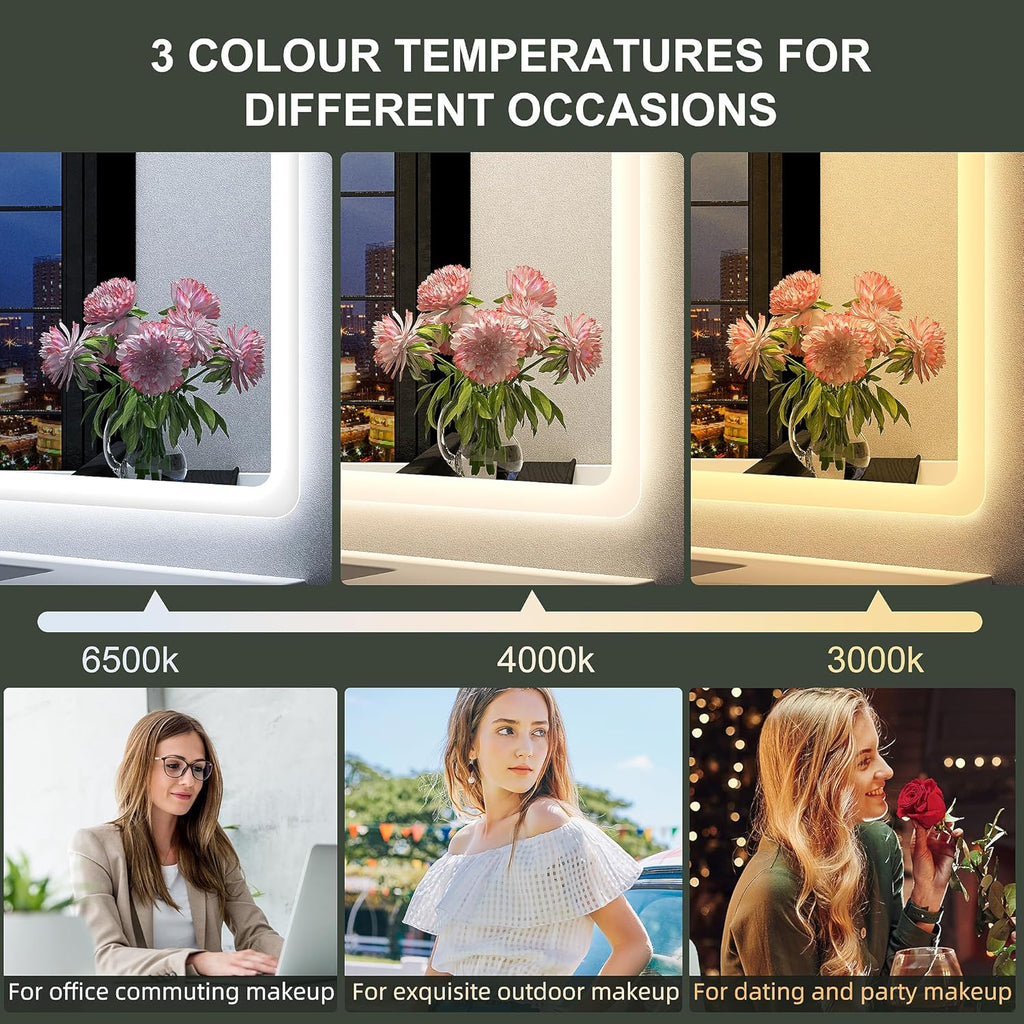 Miroir de salle de bain S'bagno avec éclairage 1200 x 700 mm, IP44, LED, Bluetooth, antibuée, 3 couleurs de lumière (3 000 K, 4 000 K, 6 500 K), intensité variable, mémoire, vertical ou horizontal. Miroirs de salle de bain avec LED.