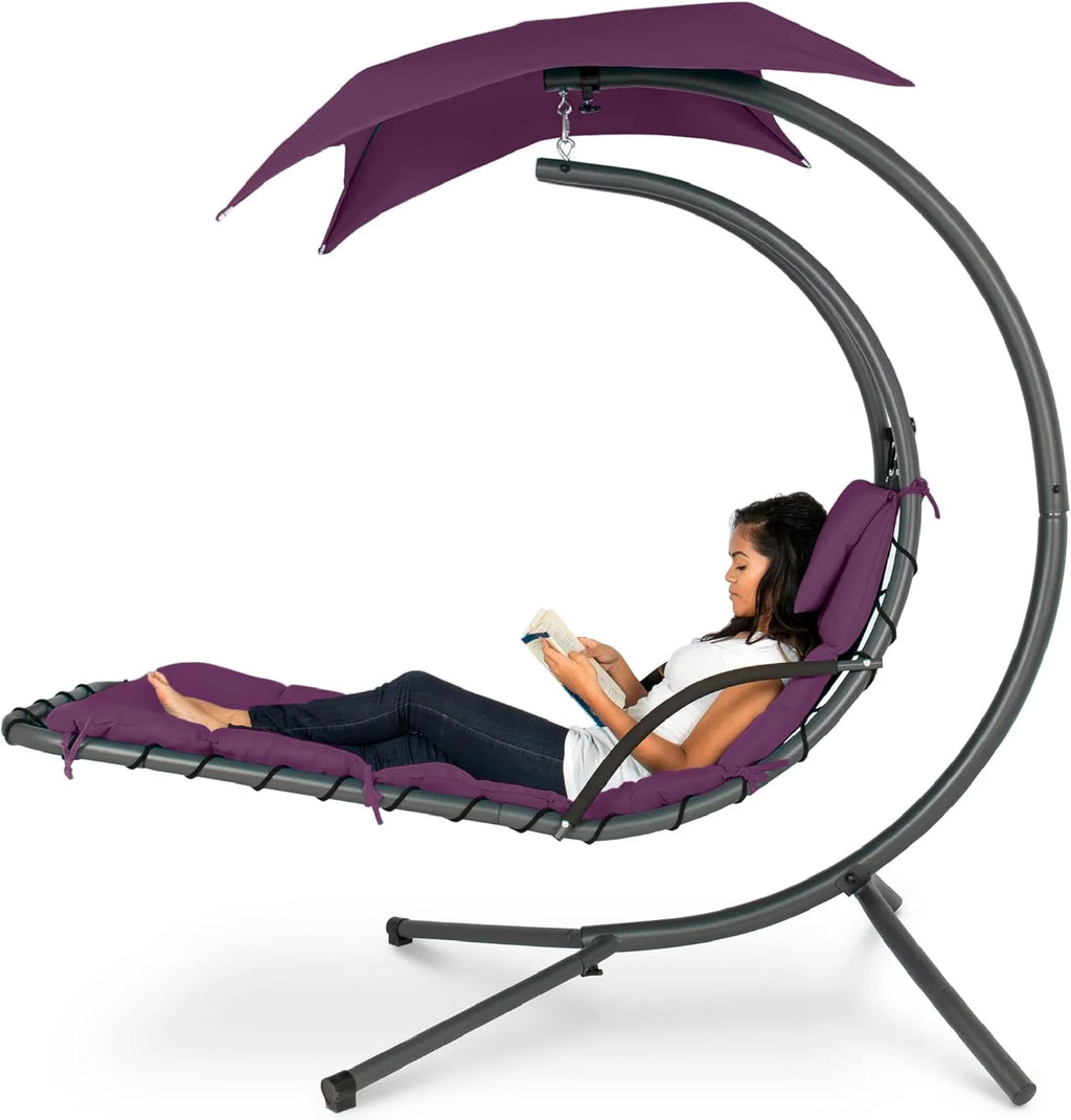 Chaise longue suspendue d'extérieur Best Choice Products – Fauteuil à bascule incurvé en acier avec coussin intégré et auvent amovible – Gris anthracite