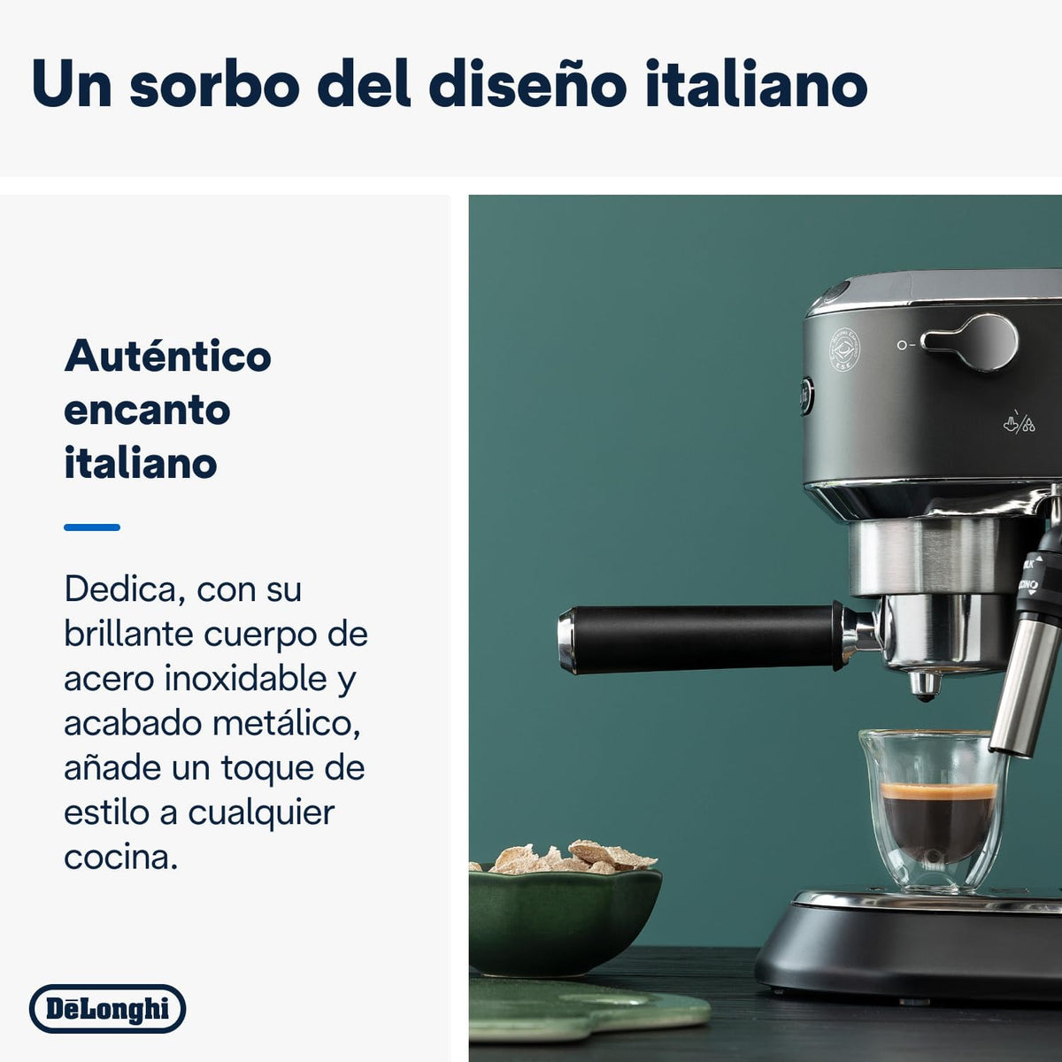Machine à café De'Longhi Dedica - Acier inoxydable, pompe, pour café moulu ou dosettes, expresso et cappuccino, réservoir de 1,3 litre, système anti-gouttes, modèle EC685.M, couleur métal