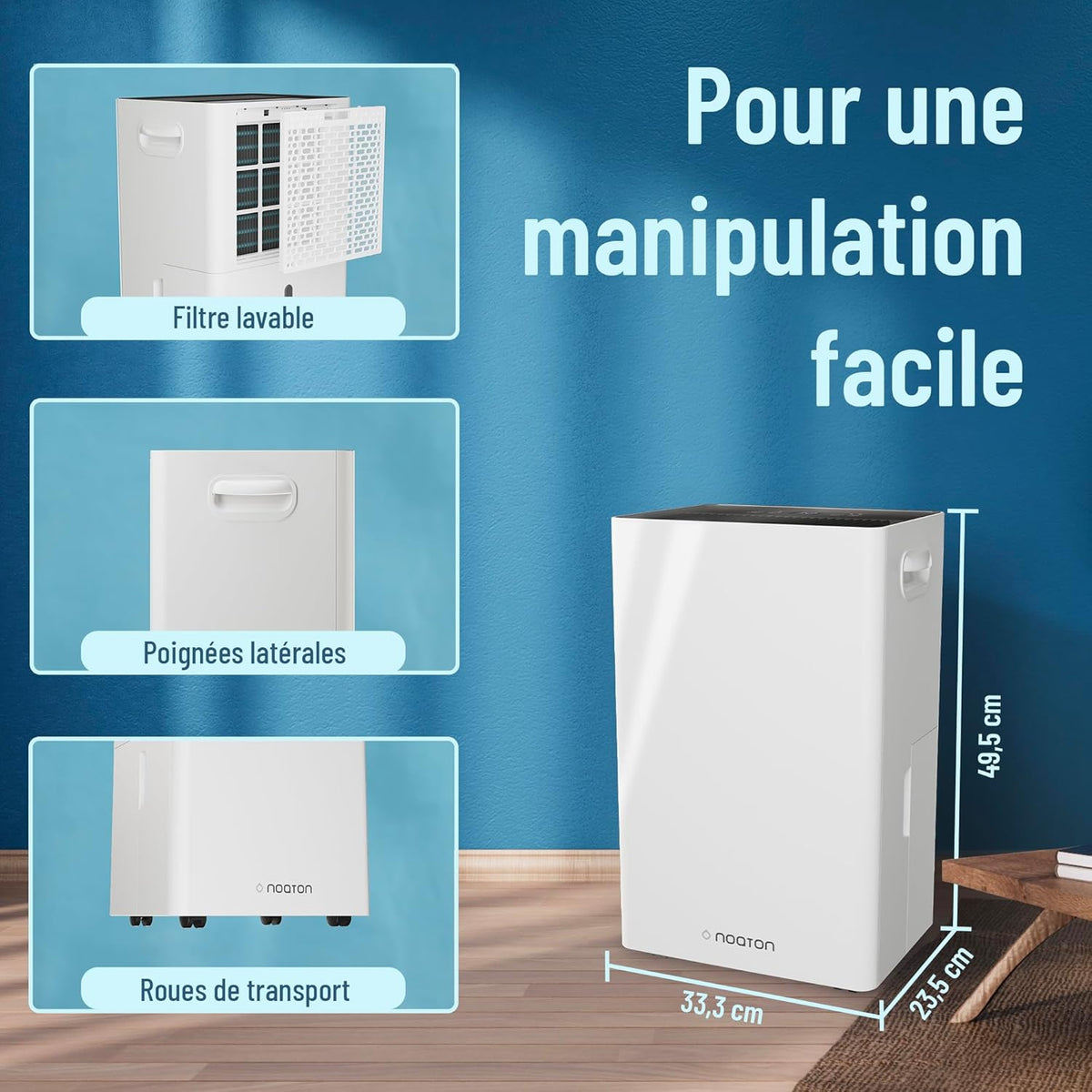 Noaton Déshumidificateur Portable Silencieux, 24L/jour, Minuterie 24h, Réservoir 5,5L, Drainage Continu, avec Dégivrage Automatique, Efficace pour Pièces jusqu'à 45 m², Afficher, Anti Moisissure