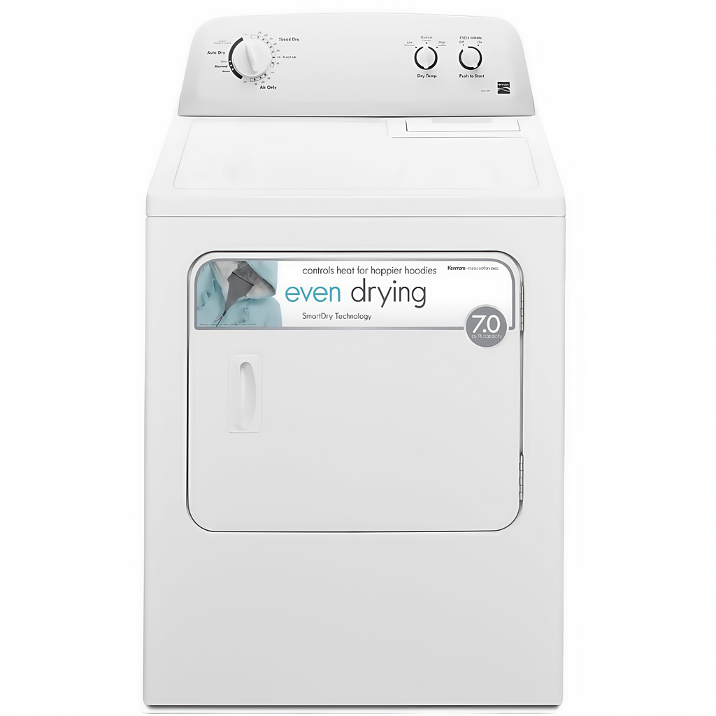 Sèche-linge électrique Kenmore à chargement frontal de 74 cm (29 po) avec protection anti-froissage et capacité totale de 198 litres (7 pi³), blanc