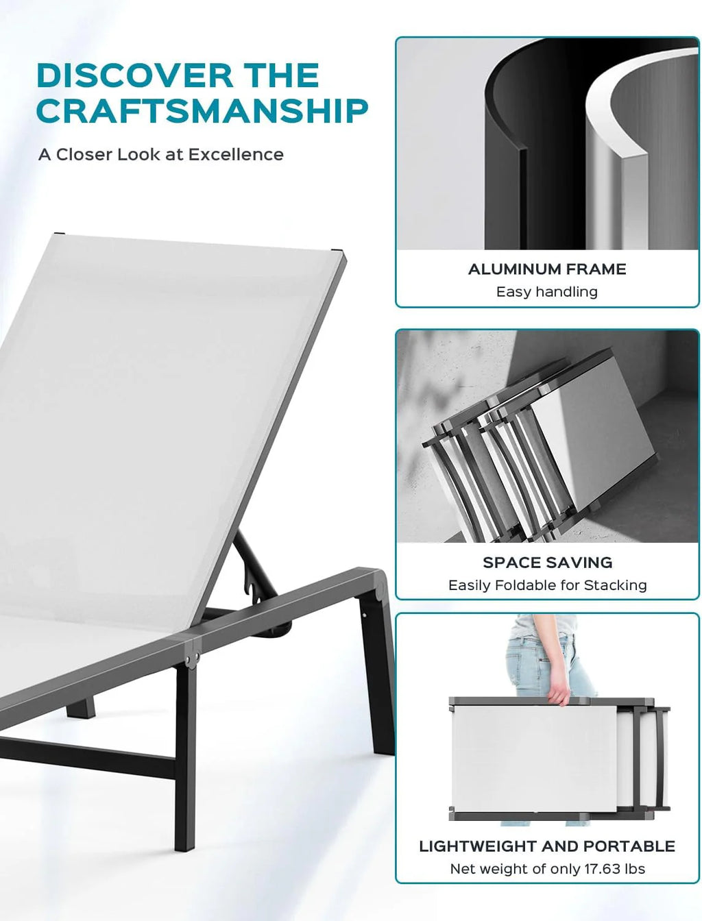 Chaise longue de jardin pliante en aluminium, sans montage, avec dossier réglable 5 positions, idéale pour terrasse, piscine et plage – Noir