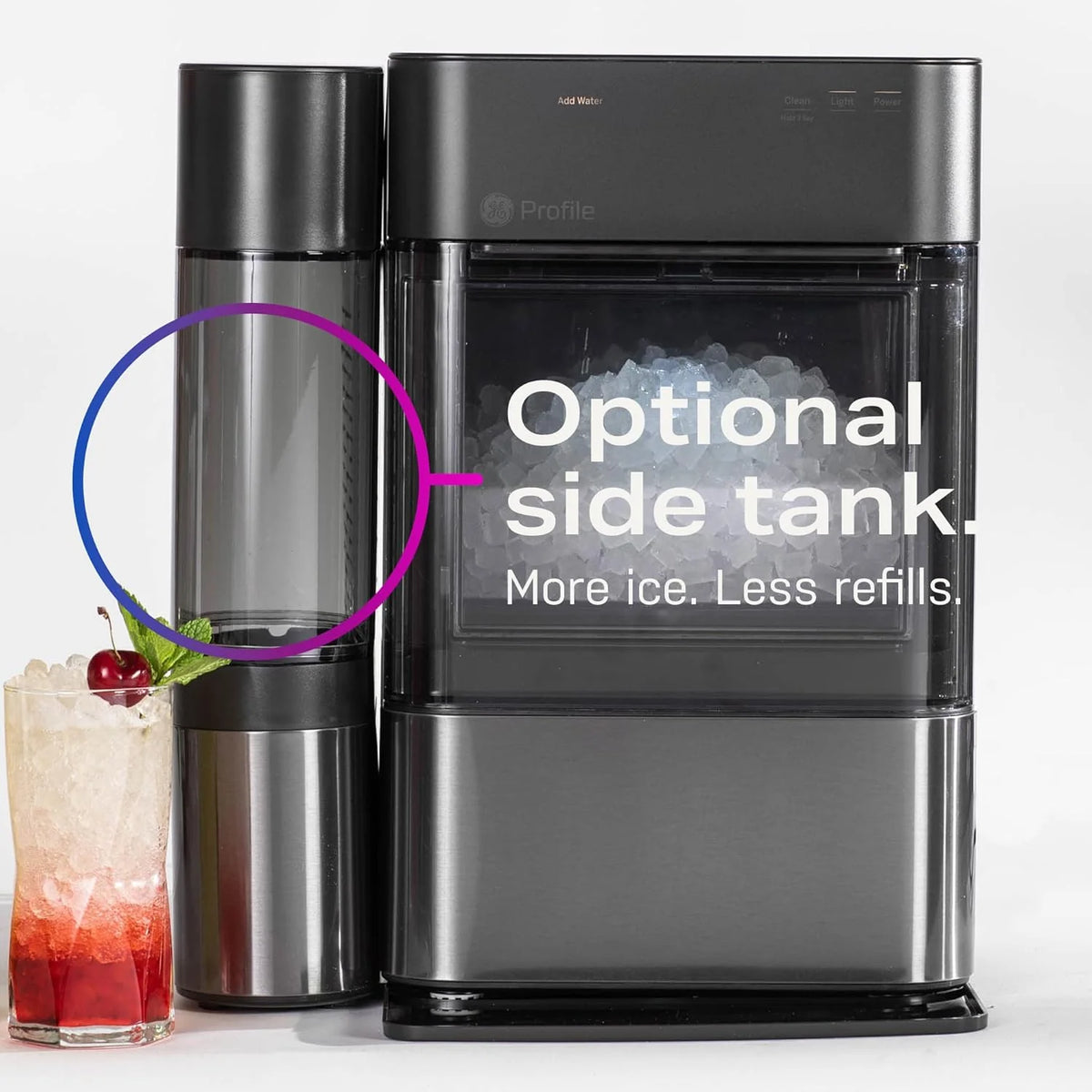 Machine à glaçons GE Profile Opal 2.0 (2025) – Format pépites, trémie de 2,8 litres (0,75 gallon). Acier inoxydable.