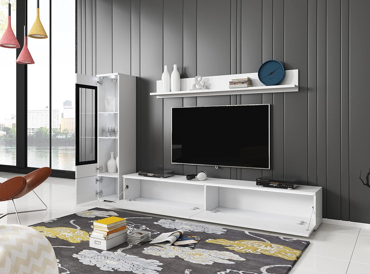 Ensemble de salon Piaski Vera I, éclairage LED en option, couleurs variées (béton/blanc brillant, sans éclairage LED)