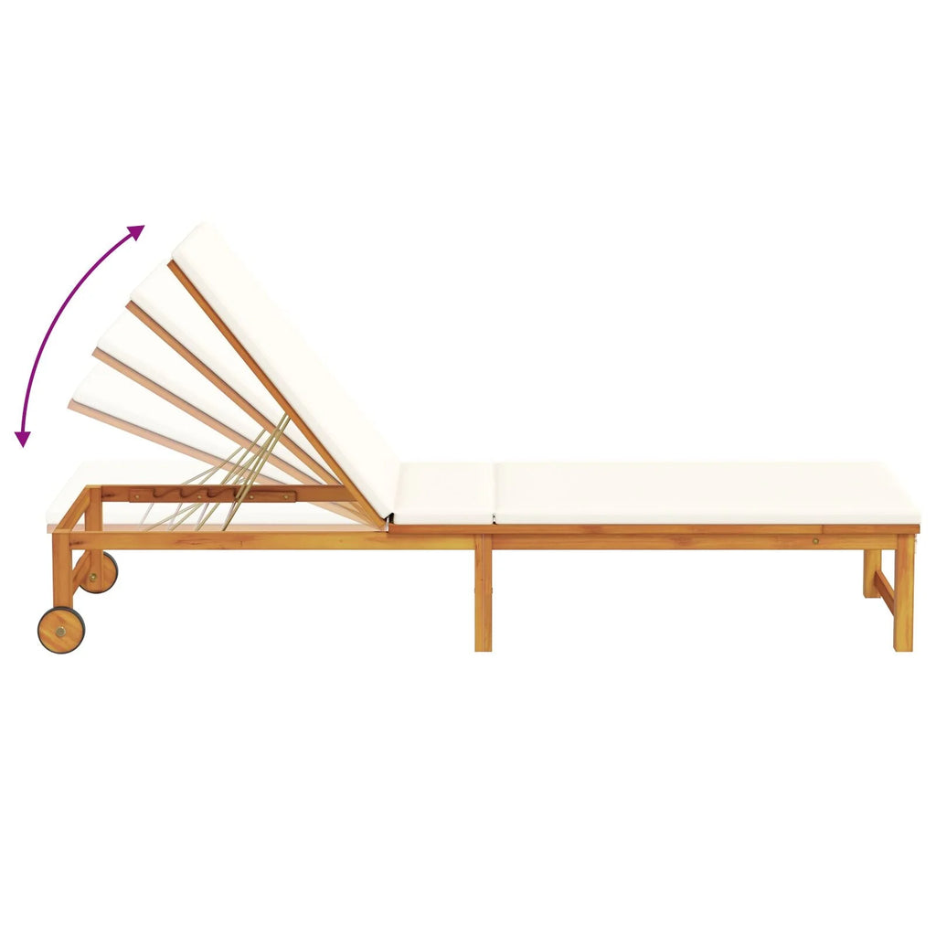 Ensemble de 2 chaises longues avec table et coussins en bois d'acacia massif (réf. 2025). Chaise longue avec coussins crème en bois d'acacia massif. Table d'appoint de jardin 35 x 35 x 34 cm en bois d'acacia massif (réf. V8526).