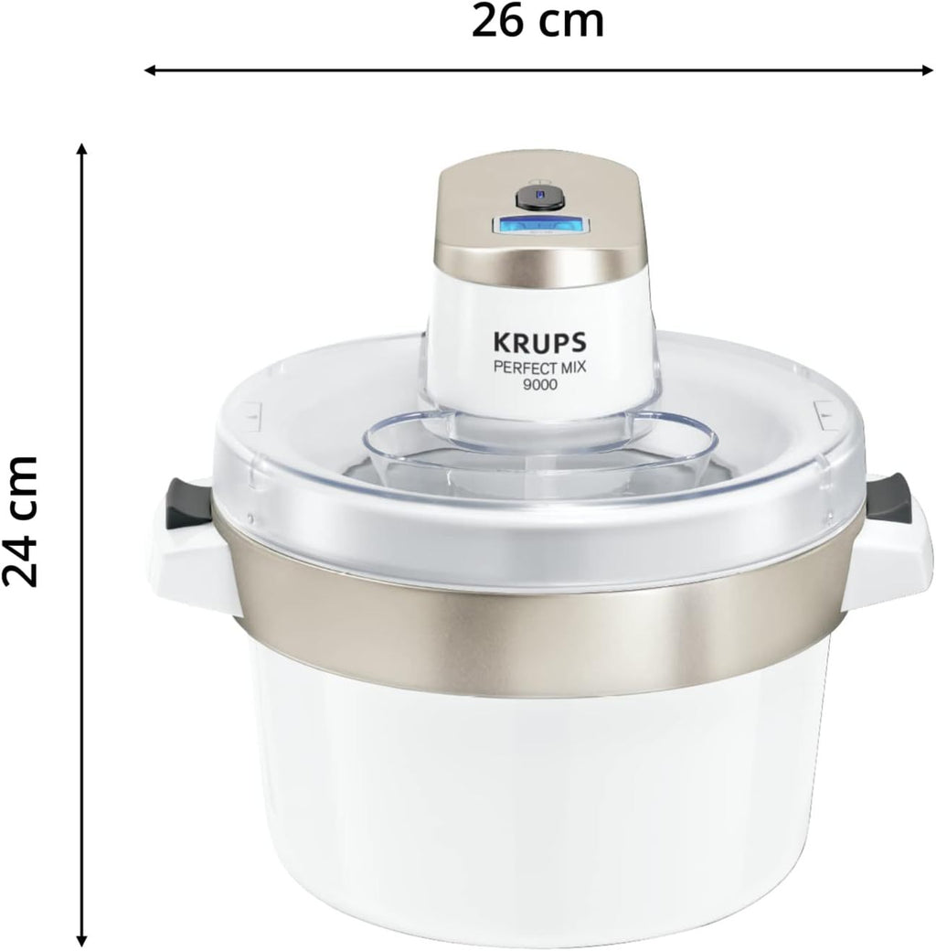 Krups GVS241 Eismaschine Venice Perfect Mix | 1L hausgemachtes Eis, Sorbet, Frozen Jogurth | Ohne Kompressor | Inklusive Rezeptheft und Silikonlöffel | Digitalanzeige und Signalton, Weiß
