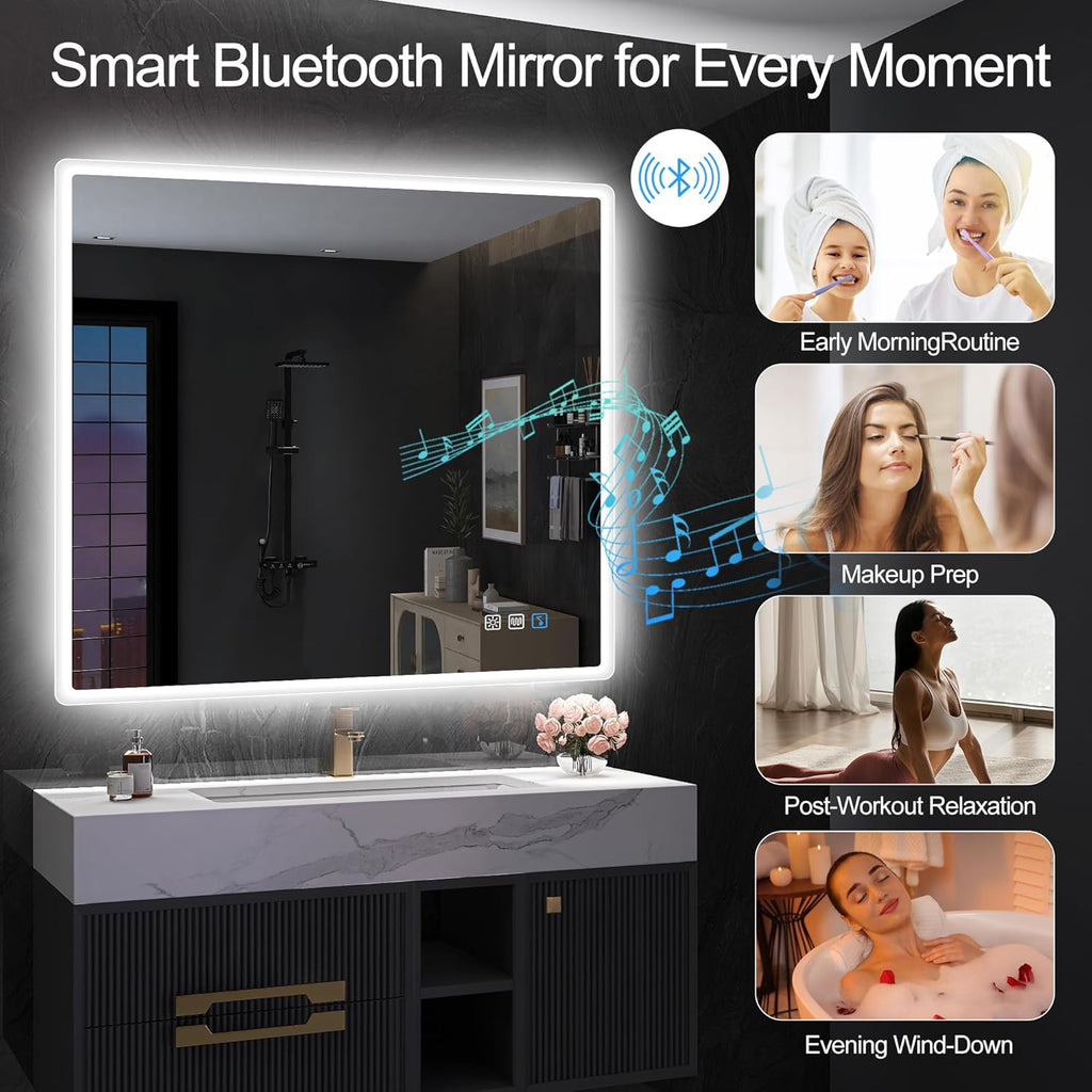 Miroir de salle de bain S'bagno avec éclairage 1200 x 700 mm, IP44, LED, Bluetooth, antibuée, 3 couleurs de lumière (3 000 K, 4 000 K, 6 500 K), intensité variable, mémoire, vertical ou horizontal. Miroirs de salle de bain avec LED.