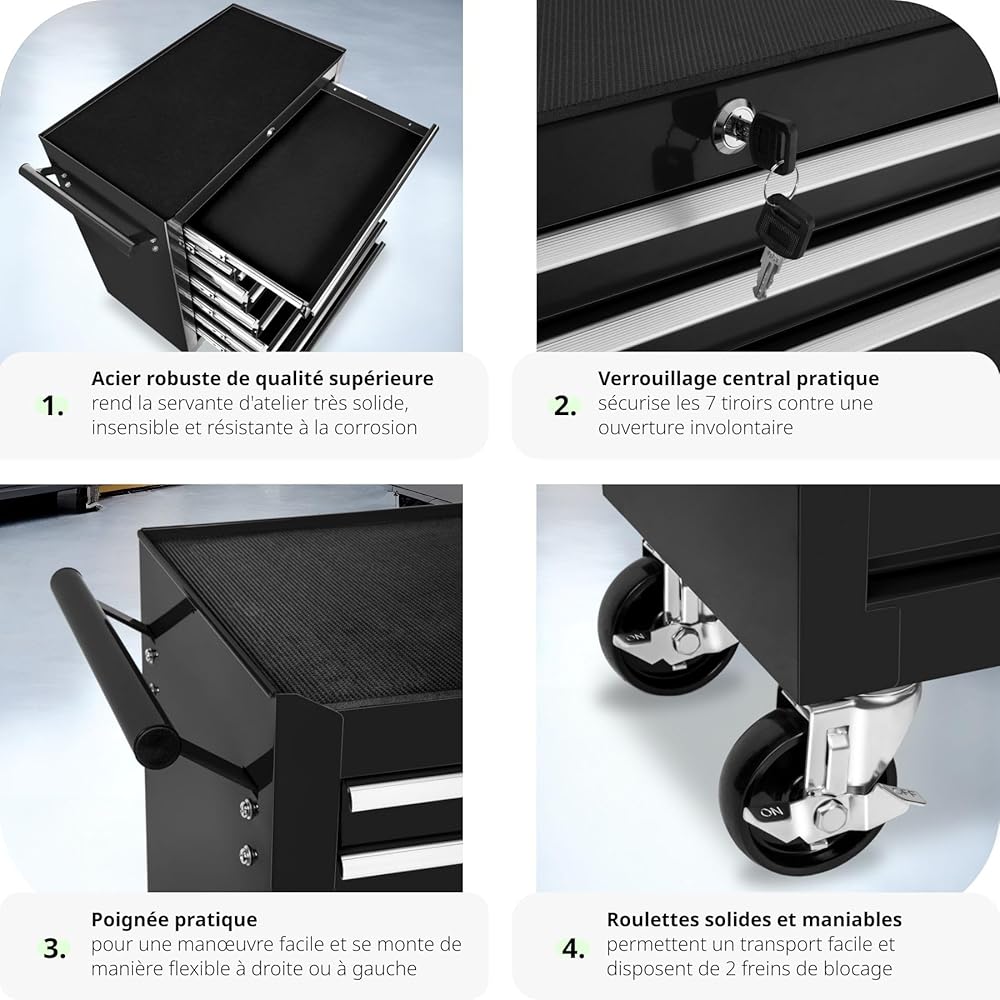 TecTake® Chariot d'atelier Metallique Servante d'atelier Vide Trolley Professionnel 7 Tiroirs spacieux Verrouillables Chariot a Roulette pour Rangement Atelier Garage - Noir : Commerce, Industrie et Science