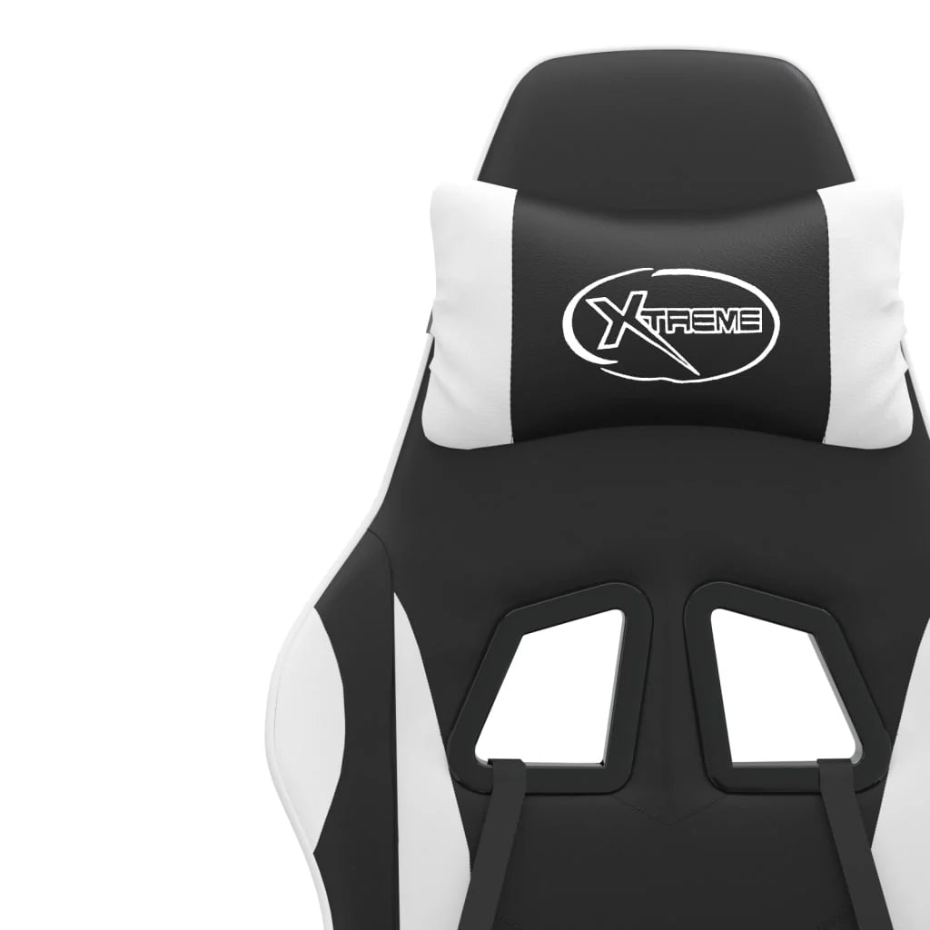 Chaise de jeu 2025 avec repose-pieds pivotant, similicuir noir et blanc V8635