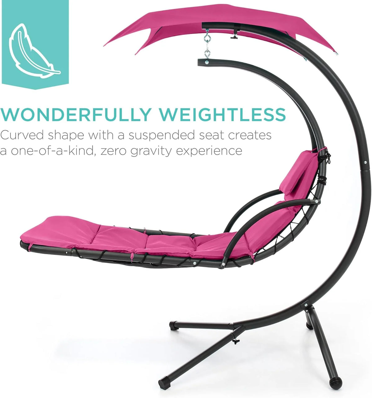 Chaise longue suspendue d'extérieur Best Choice Products – Fauteuil à bascule incurvé en acier avec coussin intégré et auvent amovible – Gris anthracite