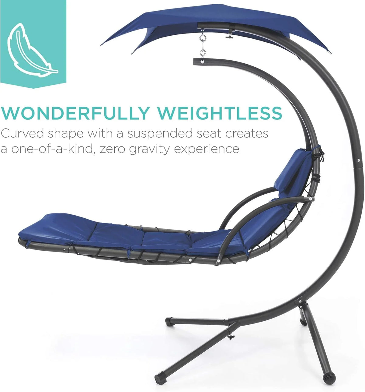 Chaise longue suspendue d'extérieur Best Choice Products – Fauteuil à bascule incurvé en acier avec coussin intégré et auvent amovible – Gris anthracite