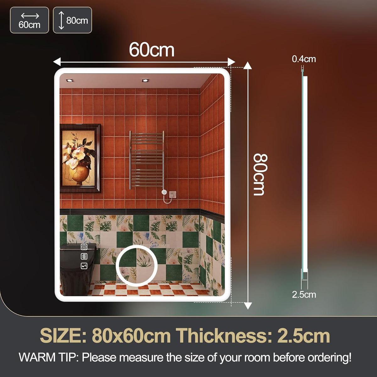 Miroir de salle de bain S'bagno avec éclairage 1200 x 700 mm, IP44, LED, Bluetooth, antibuée, 3 couleurs de lumière (3 000 K, 4 000 K, 6 500 K), intensité variable, mémoire, vertical ou horizontal. Miroirs de salle de bain avec LED.