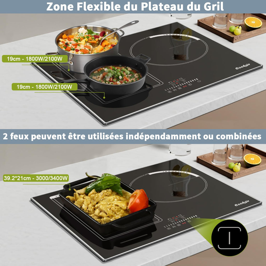 Cooksir Plaque Induction 3 Feux avec Cadre, Table de Cuisson Induction 60cm Encastrable, 6800W, Commande Tactile à Curseur, Bord Inox, Zone Flexibles
