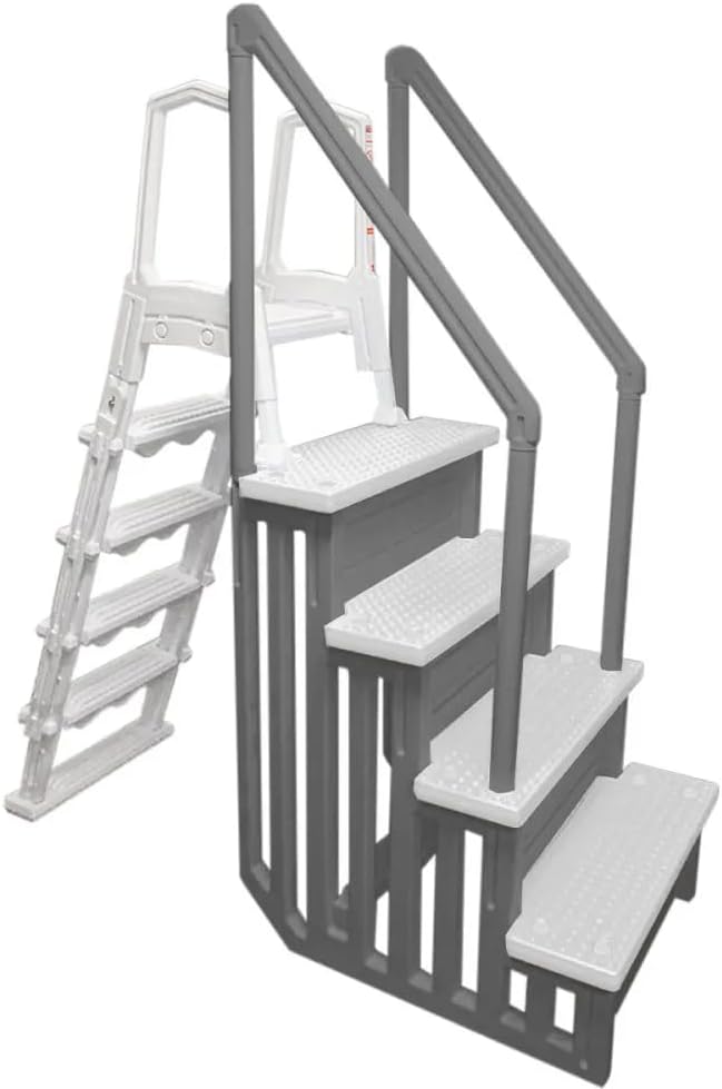 Échelle antidérapante pour piscines hors sol | Grise | Pour piscines hors sol avec une hauteur de terrasse de 122 à 137 cm | Échelle de sécurité supportant jusqu'à 136 kg