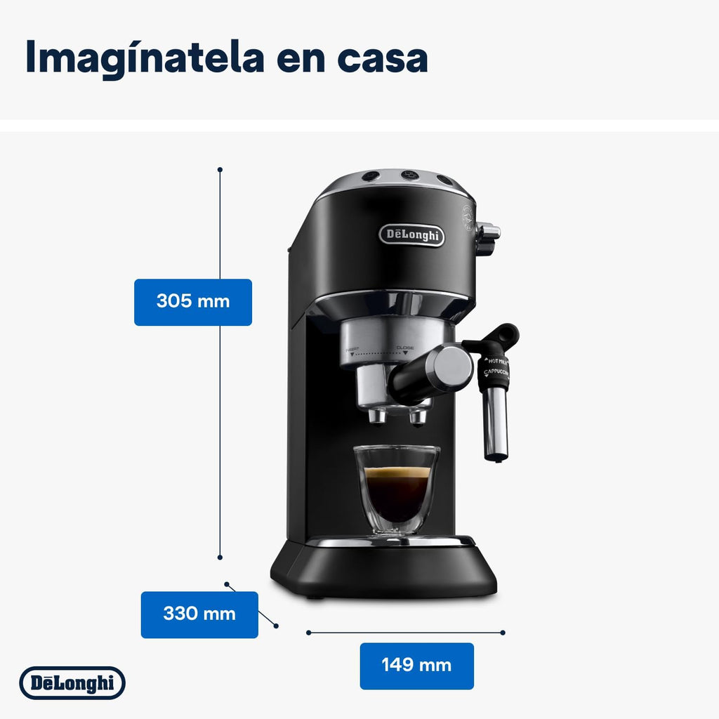 Machine à café De'Longhi Dedica - Acier inoxydable, pompe, pour café moulu ou dosettes, expresso et cappuccino, réservoir de 1,3 litre, système anti-gouttes, modèle EC685.M, couleur métal