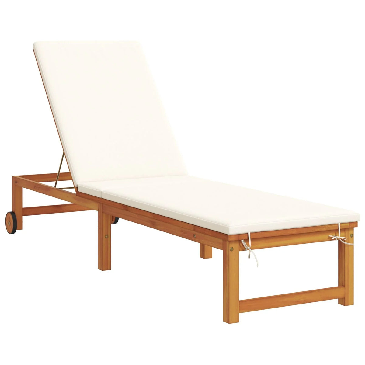 Ensemble de 2 chaises longues avec table et coussins en bois d'acacia massif (réf. 2025). Chaise longue avec coussins crème en bois d'acacia massif. Table d'appoint de jardin 35 x 35 x 34 cm en bois d'acacia massif (réf. V8526).