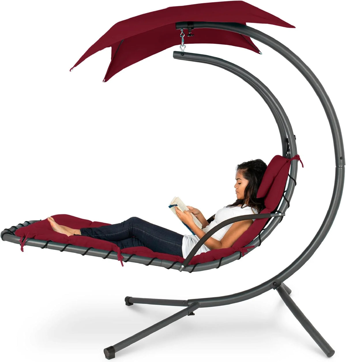 Chaise longue suspendue d'extérieur Best Choice Products – Fauteuil à bascule incurvé en acier avec coussin intégré et auvent amovible – Gris anthracite