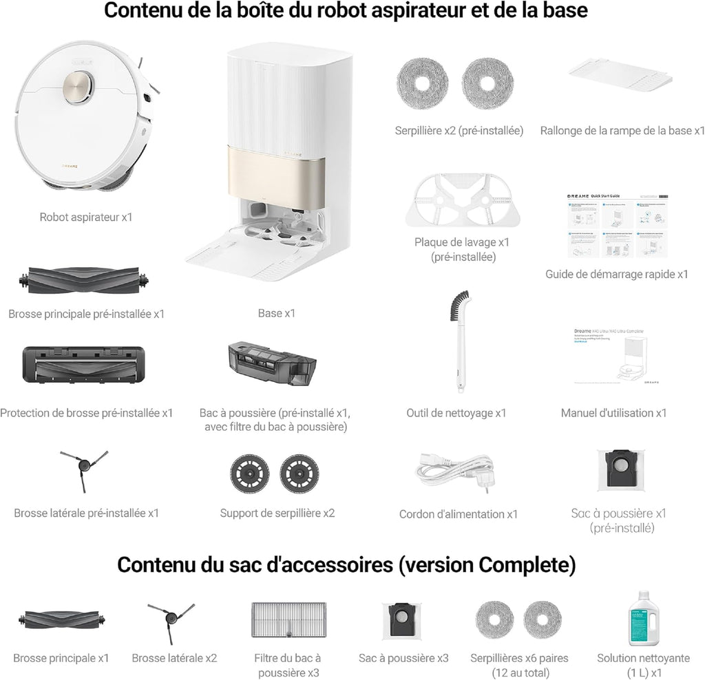 Dreame X40 Ultra Complete Robot Aspirateur avec Serpillière amovible et relevable, Brosse latérale surélevée,12 000 Pa,Serpillière et la Plaque de lavage avec de l'eau chaude à 70°C,Brosses relevables