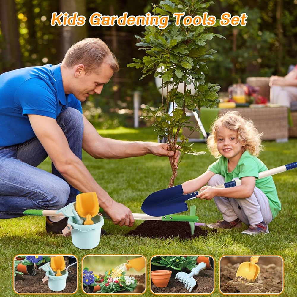 Mostop Kit d'outils de jardinage pour enfants - Jouet avec brouette, pelle en métal, râteau, râteau, chariot de jardin extérieur, cadeau d'anniversaire pour garçons et filles de 4 à 8 ans : Jeux et Jouets
